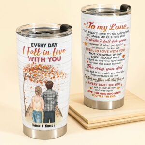 Fall In Love All Over Again - Personalized Tumbler Cup - Gift For Couple - Fall Couple Back