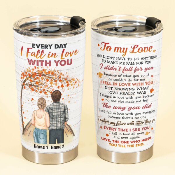 Fall In Love All Over Again - Personalized Tumbler Cup - Gift For Couple - Fall Couple Back