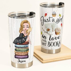 Just A Girl In Love With Her Books - Personalized Tumbler Cup - Gift For Book Lovers - Cartoon Girl Sitting