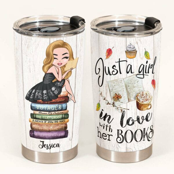 Just A Girl In Love With Her Books - Personalized Tumbler Cup - Gift For Book Lovers - Cartoon Girl Sitting