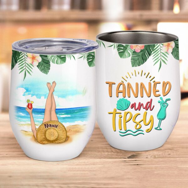 Summer Holiday - Tanned And Tipsy, Swimming Custom Wine Tumbler, Gift For Beach Lovers, Summer Gift-Macorner