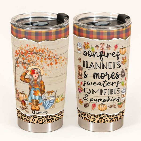 Bonfires Flannels S’mores Sweaters Campfires & Pumpkins - Personalized Tumbler Cup - Fall Season Gift For Girls - Autumn Girl Front