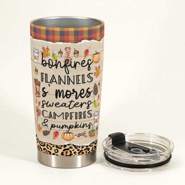 Bonfires Flannels S’mores Sweaters Campfires & Pumpkins - Personalized Tumbler Cup - Fall Season Gift For Girls - Autumn Girl Front